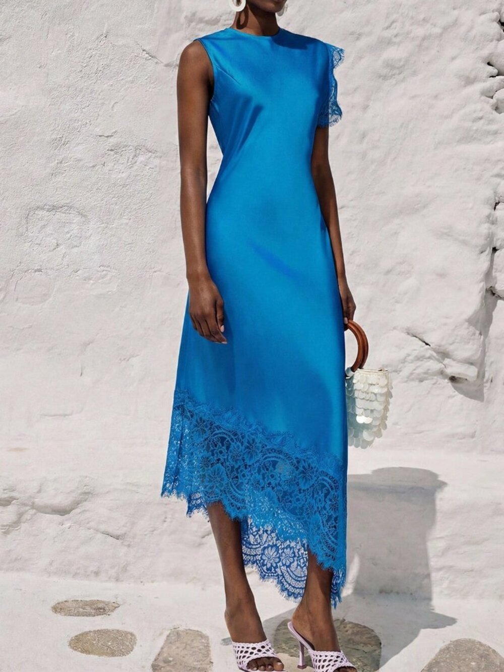 Blue Elegant Women's Regular Fit Round Neck Contrast Lace Midi Dress